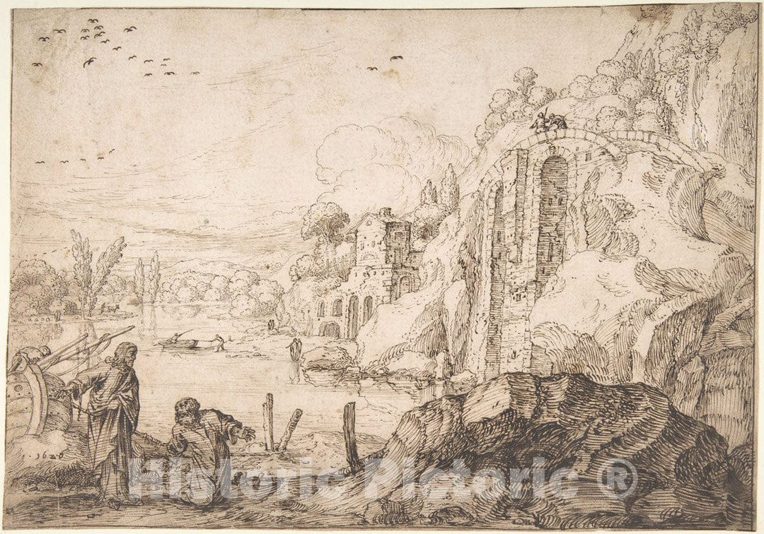 Art Print : Jacob Pynas - Landscape with The Calling of St. Peter : Vintage Wall Art