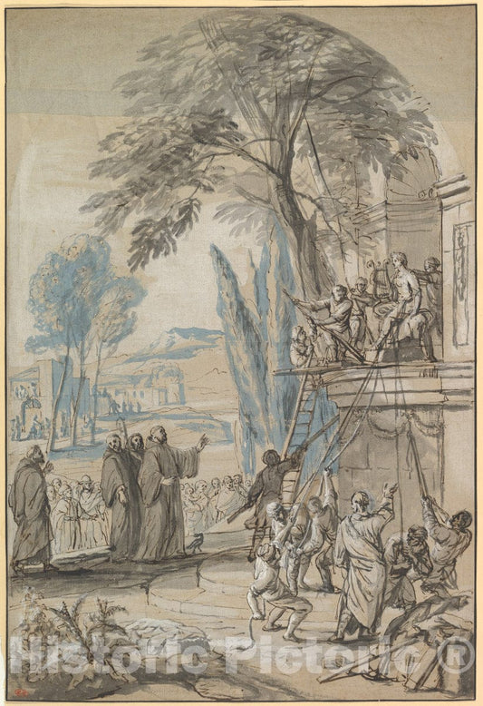 Art Print : Jan Erasmus Quellinus - Benedict of Nursia Orders The Destruction of The Temple of Apollo at Monte Cassino : Vintage Wall Art