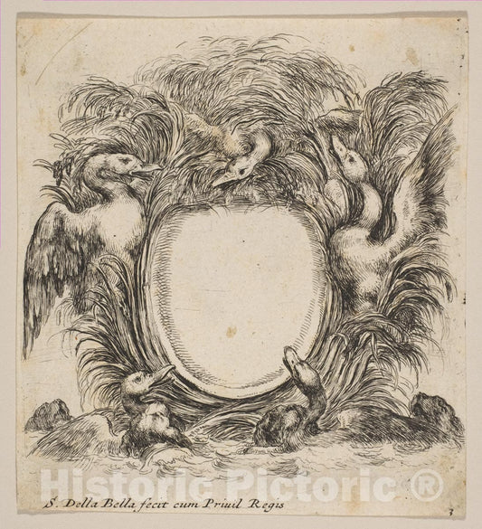 Art Print : Stefano Della Bella - Cartouche Framed by Ducks and Weeds : Vintage Wall Art