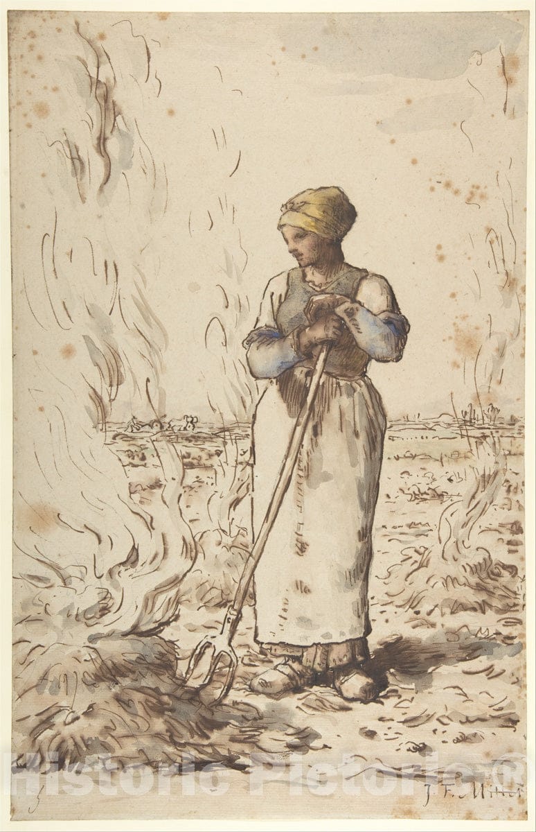 Art Print : Jean-François Millet - A Woman Burning Weeds : Vintage Wall Art