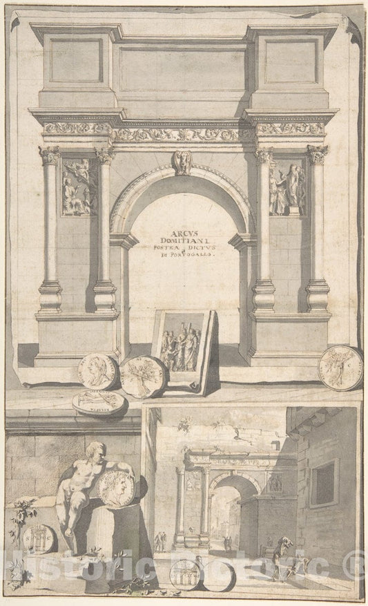 Art Print : Jan Goeree - A Reconstruction of The Arch of Domitian (Above) and View The Ruins (Below) : Vintage Wall Art