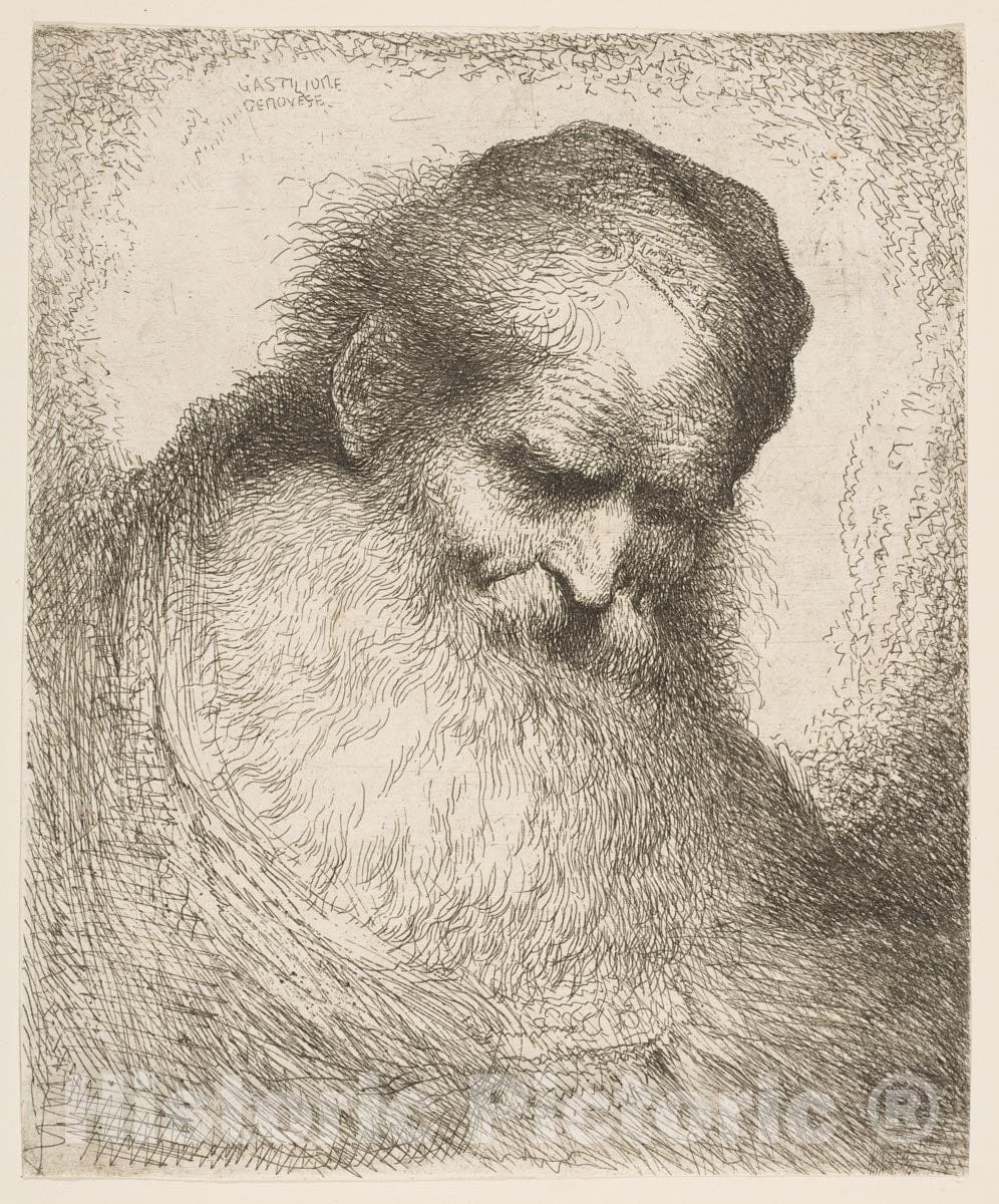 Art Print : Giovanni Benedetto Castiglione (Il Grechetto) - A Bearded Man Wearing a Cap Looking Down to The Right, from The Series 'Heads in Oriental Headdress' : Vintage Wall Art