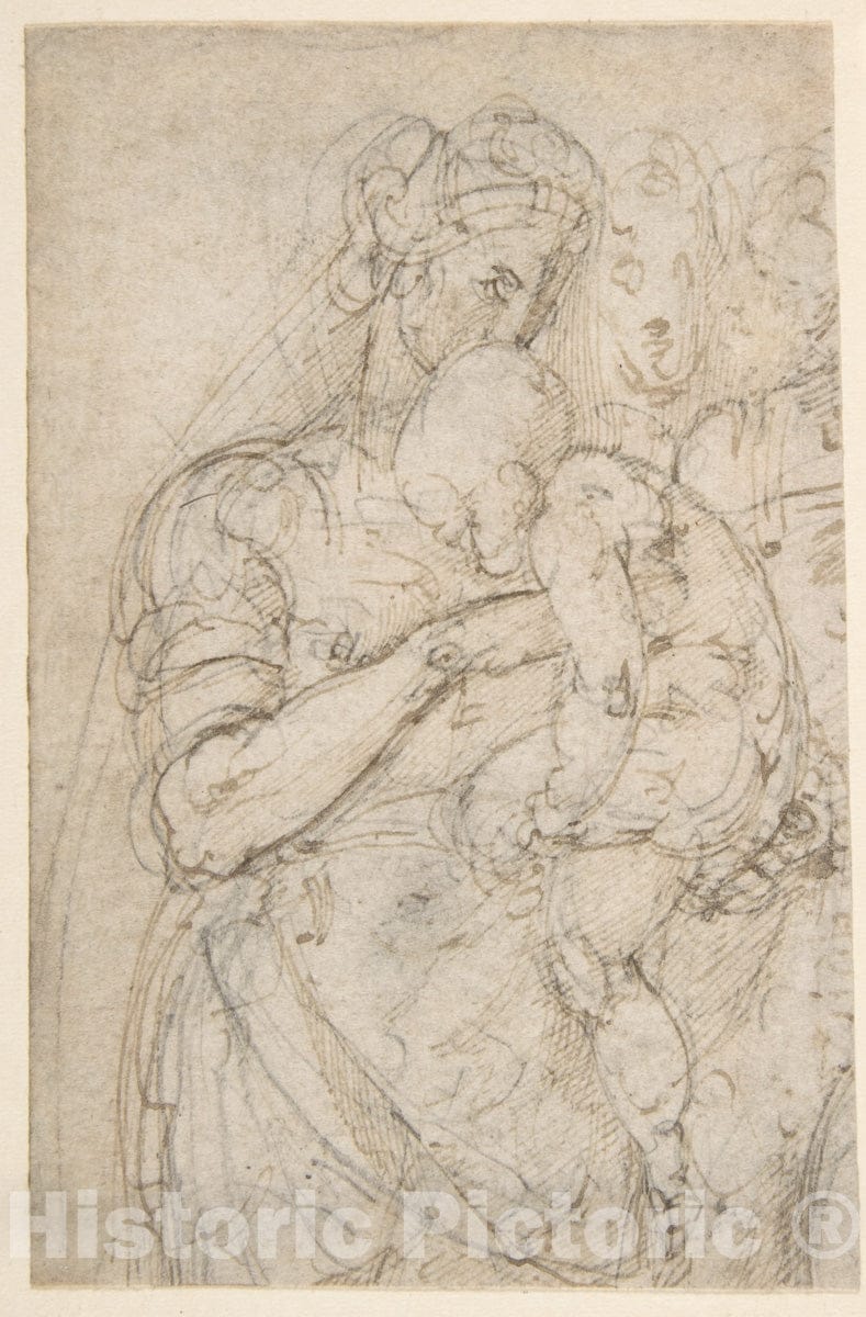 Art Print : Battista Franco - Standing Virgin with Child, Two Heads at Upper Right (Recto); Sketch of Steps (Verso) : Vintage Wall Art