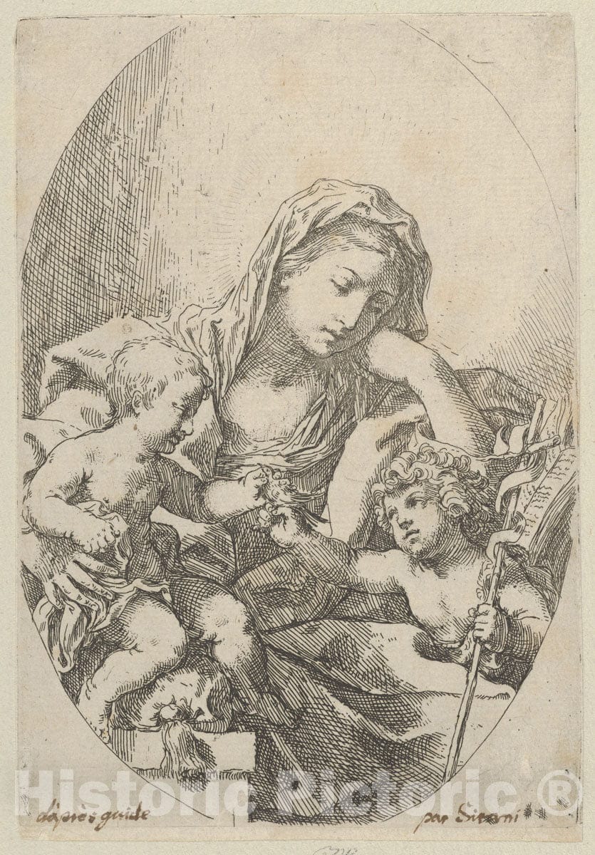Art Print : The Virgin with the Christ Child and the young Saint John the Baptist holding a bird at right, an oval composition, after Reni - Artist: Reni - 1630 : Vintage Wall Art
