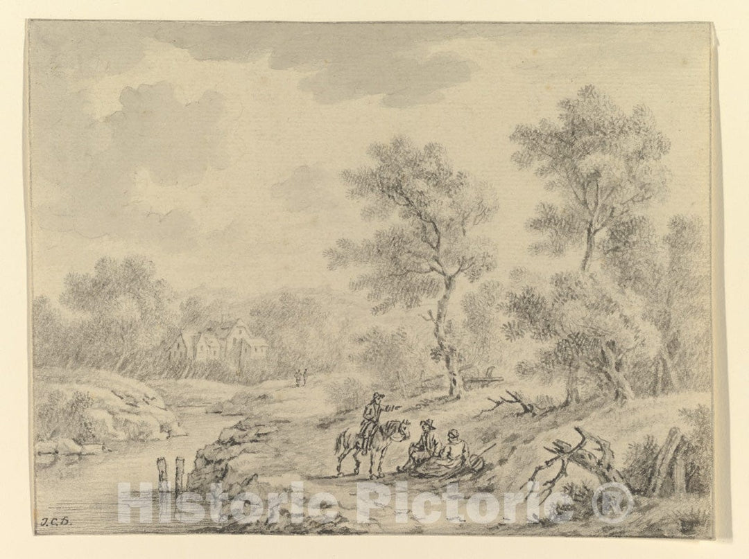 Art Print : Johann Christoph Dietzsch - Landscape with Horseman Talking to Seated Figures : Vintage Wall Art
