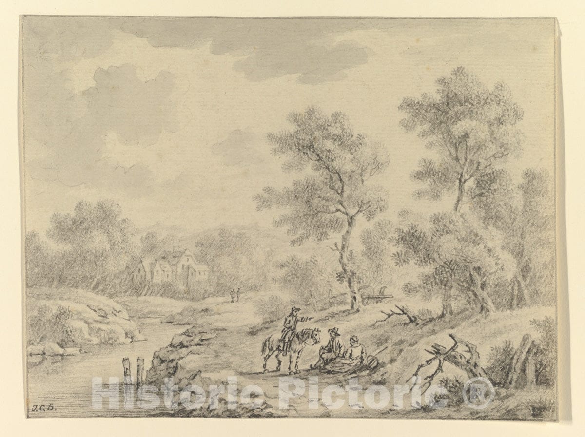 Art Print : Johann Christoph Dietzsch - Landscape with Horseman Talking to Seated Figures : Vintage Wall Art