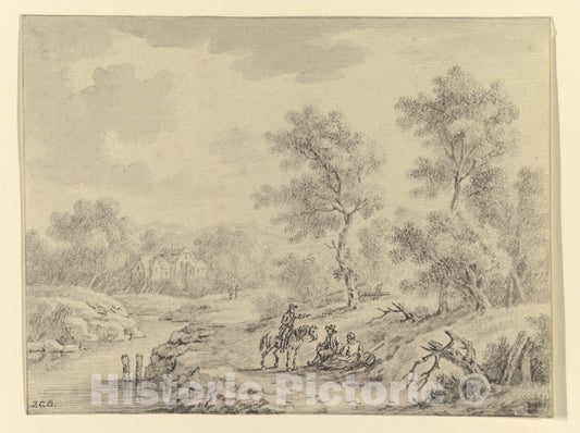Art Print : Johann Christoph Dietzsch - Landscape with Horseman Talking to Seated Figures : Vintage Wall Art