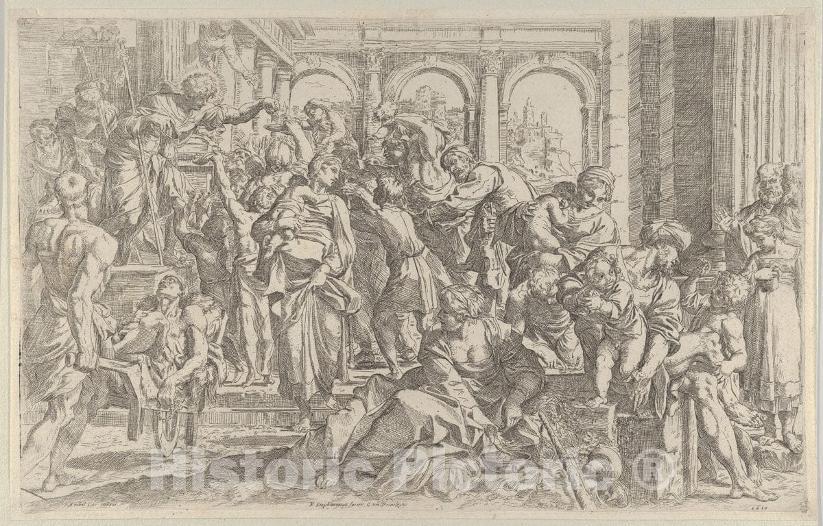 Art Print : Francesco Brizio - Saint Roch at Left distributing Alms to a Group of People Gathered Around him, After Annibale Caracci 1 : Vintage Wall Art