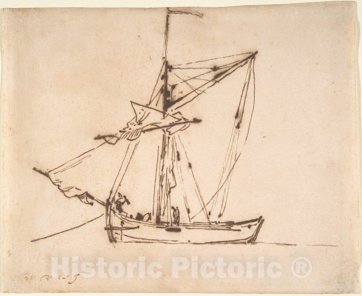 Art Print : Willem Van de Velde II - Sketch of a Sailboat : Vintage Wall Art