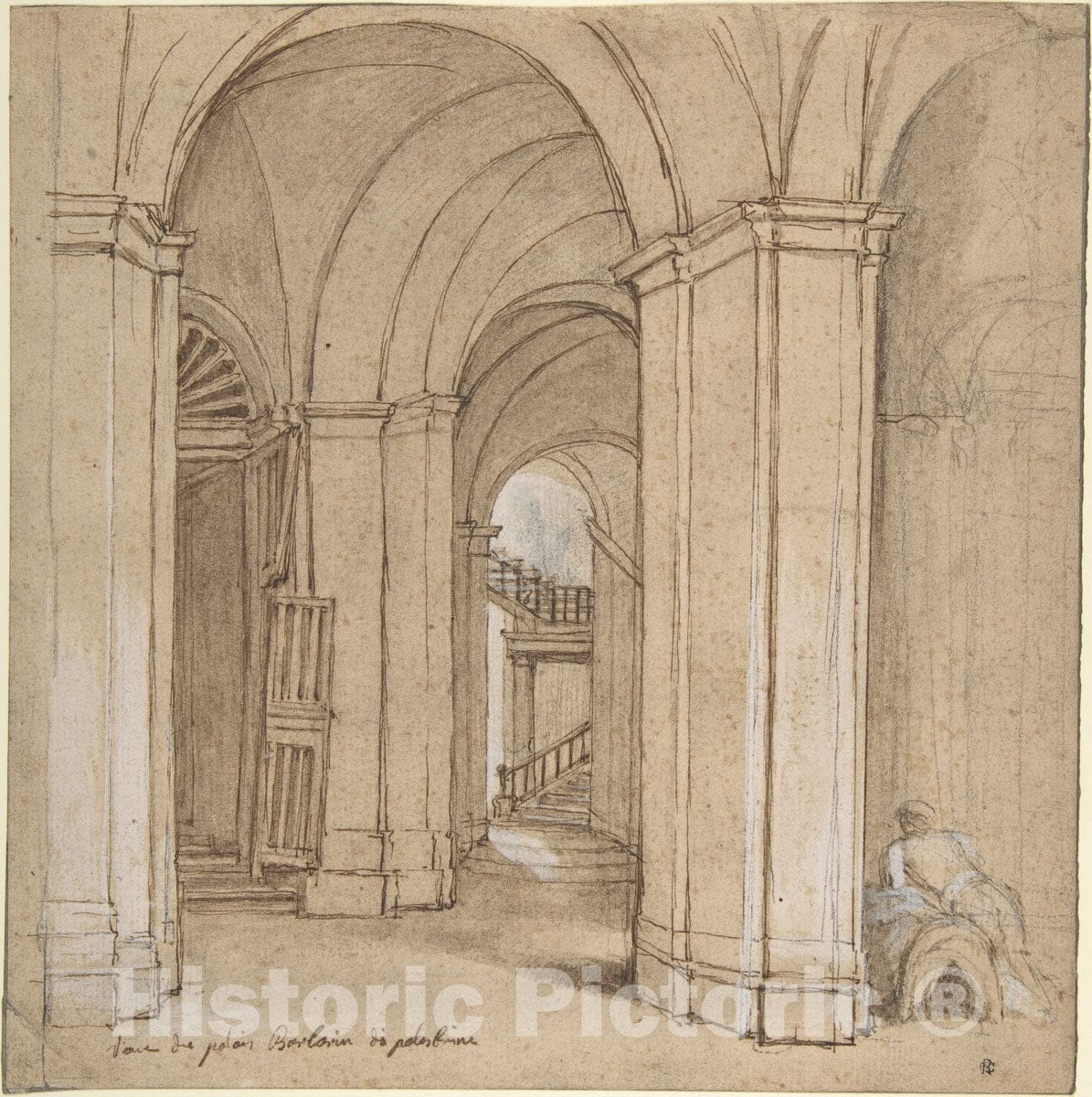 Art Print : Charles Joseph Natoire - Staircase in The Palazzo Barberini, Palestrina : Vintage Wall Art
