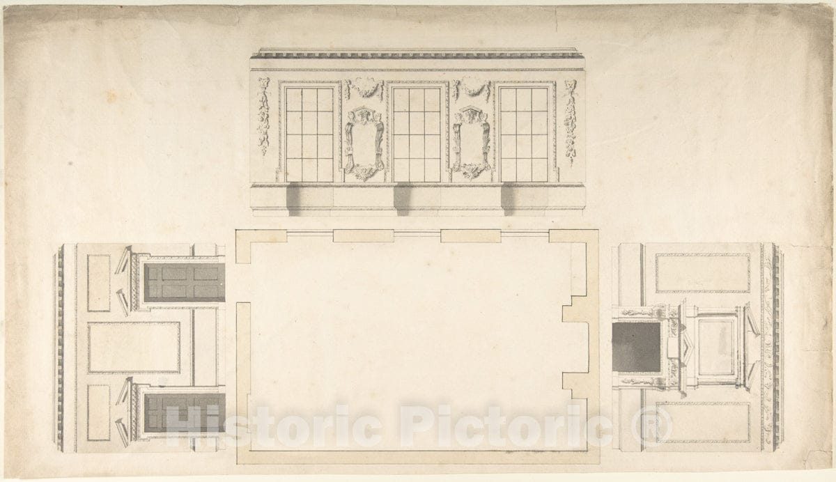 Art Print : British, 18th Century - Room Design Showing Plan and Three Wall Elevations : Vintage Wall Art