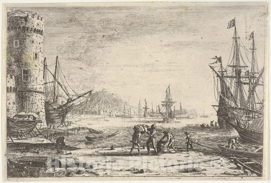 Art Print : Claude Lorrain (Claude Gellée) - Harbor with Large Tower at Left, and Figures in The Foreground : Vintage Wall Art