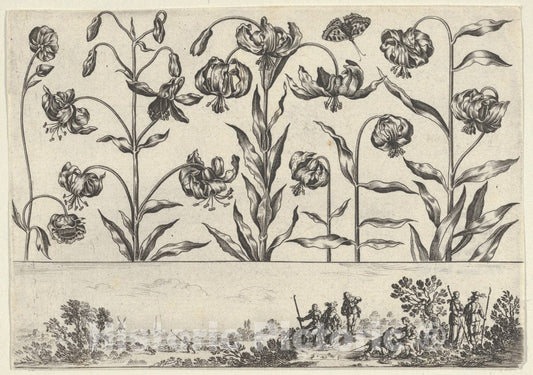 Art Print : Nicolas Cochin - Horizontal Panel with a Row of Flowers Above a Frieze with Figures in a Landscape 4 : Vintage Wall Art