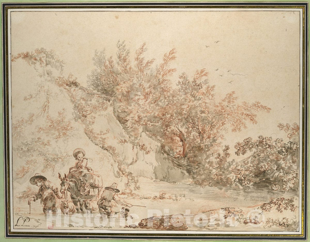 Art Print : Jean-Baptiste Le Prince - Landscape with Peasants Fording a Stream : Vintage Wall Art