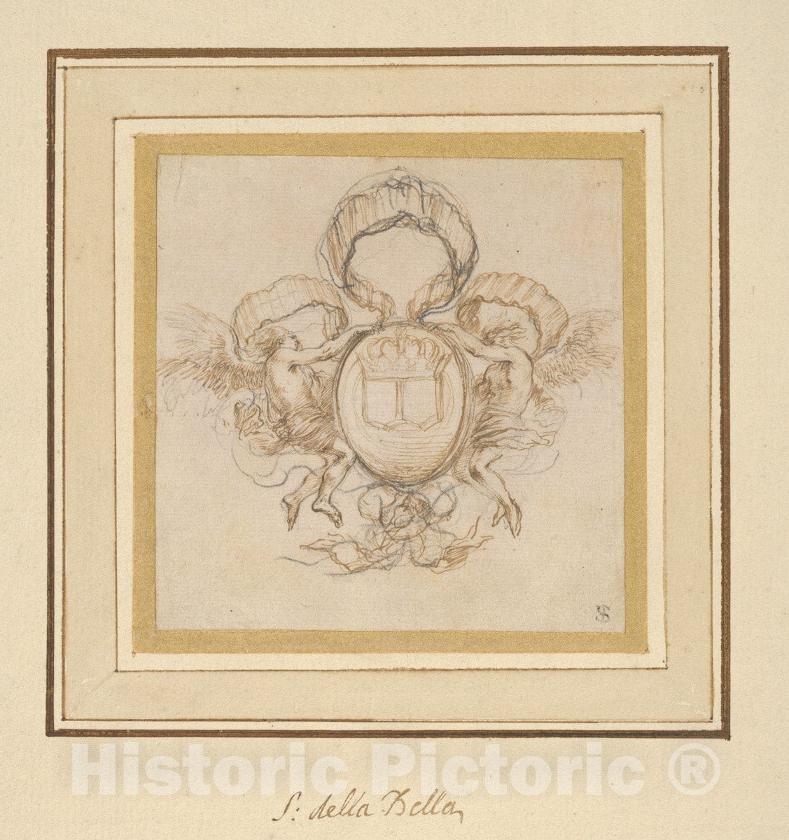 Art Print : Stefano Della Bella - Cartouche for Le Pont Neuf : Vintage Wall Art