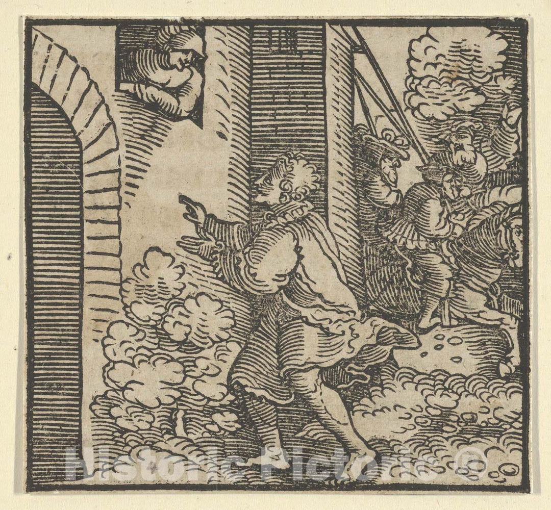 Art Print : Hans Schäufelein - Rinaldo Robbed, Standing in Front of The Widow's House, from The Decameron : Vintage Wall Art