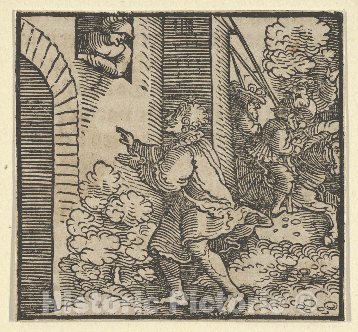 Art Print : Hans Schäufelein - Rinaldo Robbed, Standing in Front of The Widow's House, from The Decameron : Vintage Wall Art