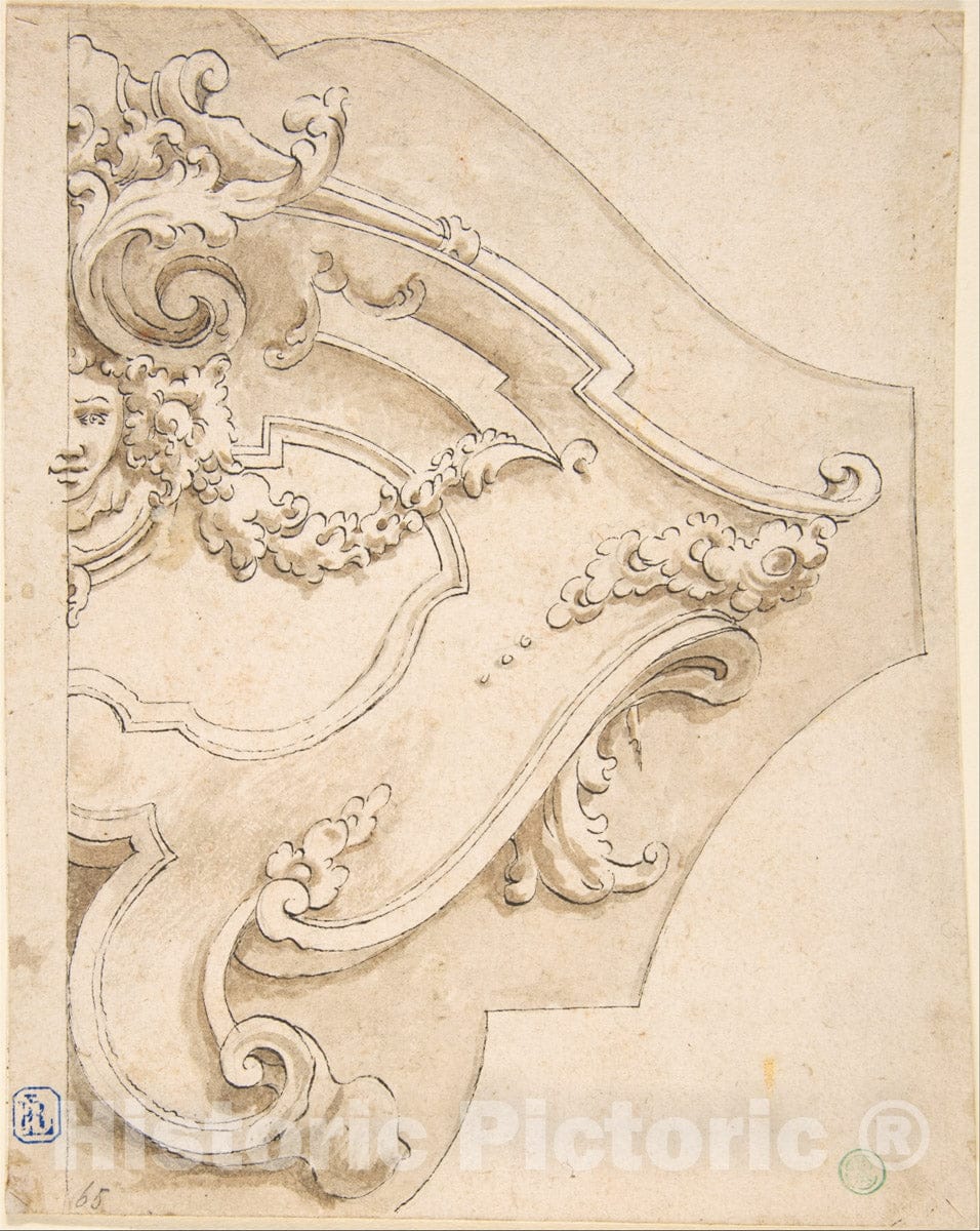 Art Print : Fortunato Tesi - Design for Half Cartouche with Mask 1 : Vintage Wall Art