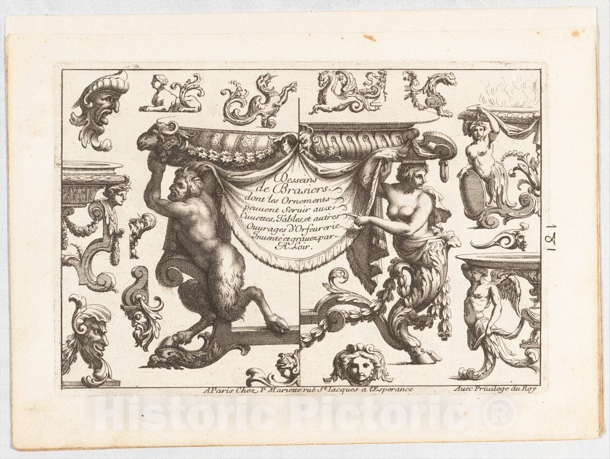 Art Print : Alexis Loir - Desseins de Brasiers Dont les Ornements peuuent Seruir aux Cuuettes, Tables, et autres Ouurages d'Orfeurerie : Vintage Wall Art
