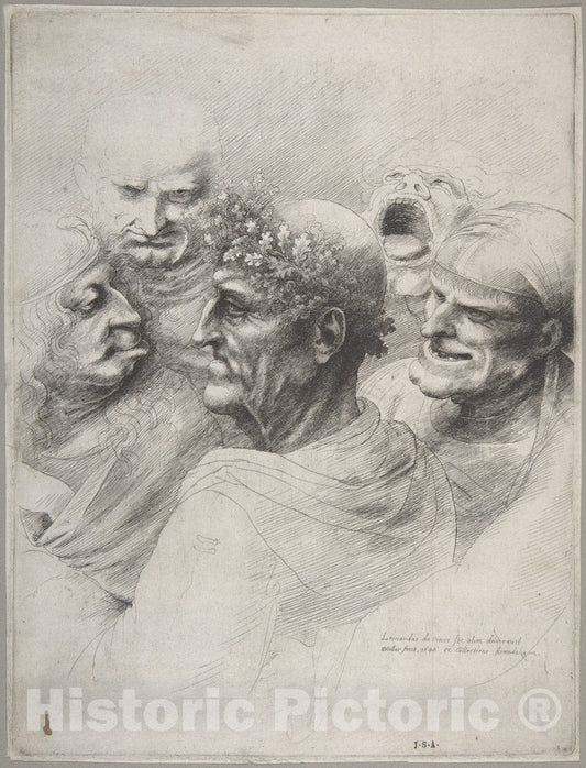 Art Print : Wenceslaus Hollar - Five Grotesque Heads, Including an Elderly Man with an Oak Leaf Wreath : Vintage Wall Art