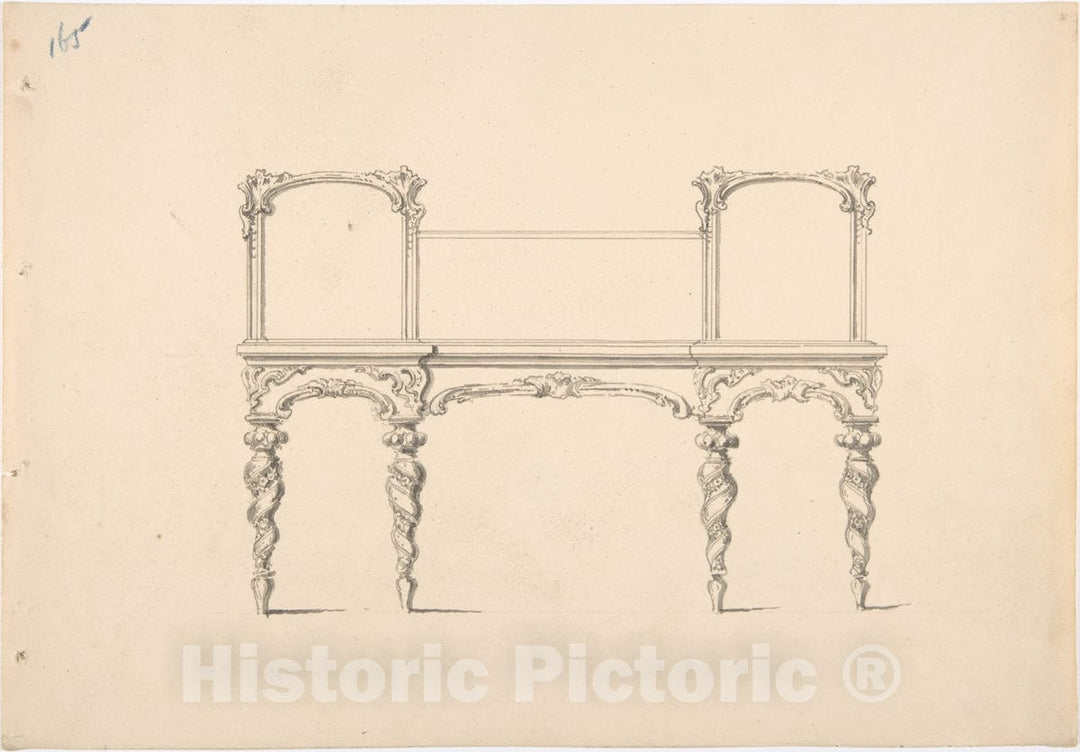 Art Print : British, 19th Century - Design for a Mirrored Sideboard with Turned Legs Rocaille Ornament (Verso: Sketch for a Desk) : Vintage Wall Art
