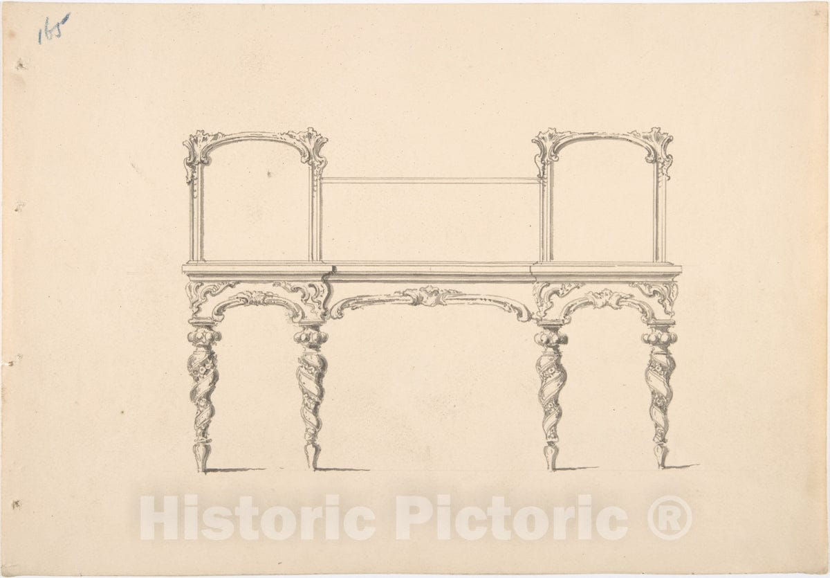 Art Print : British, 19th Century - Design for a Mirrored Sideboard with Turned Legs Rocaille Ornament (Verso: Sketch for a Desk) : Vintage Wall Art