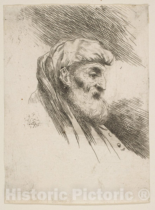 Art Print : Giovanni Benedetto Castiglione (Il Grechetto) - Head of an Old Bearded Man Facing Right 2 : Vintage Wall Art