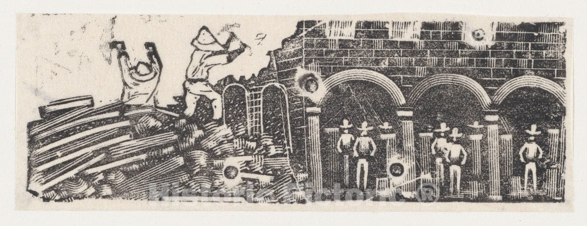 Art Print : José Guadalupe Posada - A Pair of Workers ATOP a Pile of Rubble and Other Workers Watching Them : Vintage Wall Art
