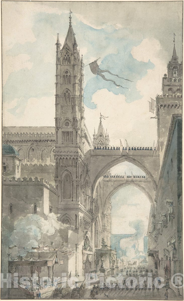 Art Print : Louis Jean Desprez - View of The Portal and Principal Entrance of The Cathedral of Palermo During The Festival of Sta. Rosalia : Vintage Wall Art