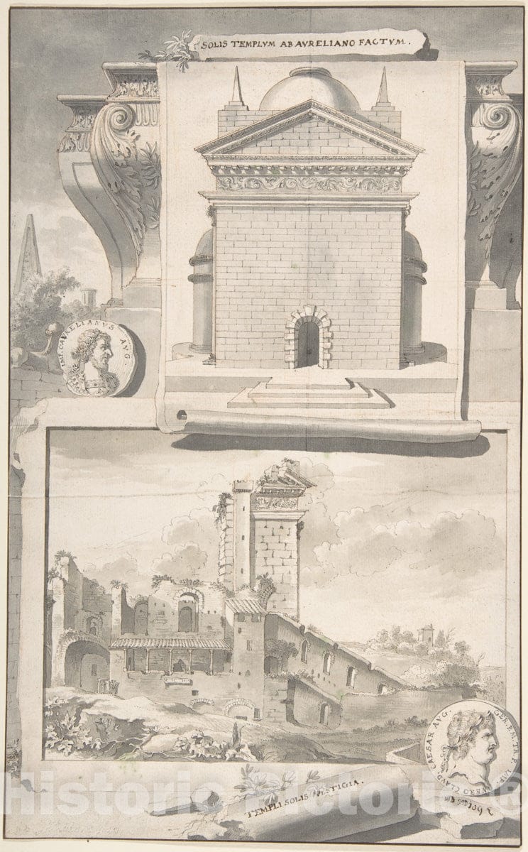 Art Print : Jan Goeree - A Reconstruction of The Aurelian Temple of The Sun (Above) and a View of The Ruins (Below) : Vintage Wall Art