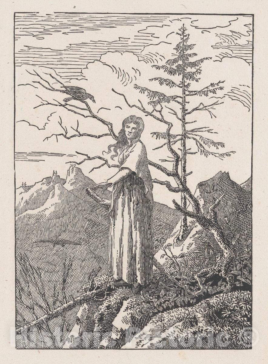 Art Print : Cut by Christian Friedrich - Woman with a Raven (Die Frau mit dem Raben am Abgrund) : Vintage Wall Art