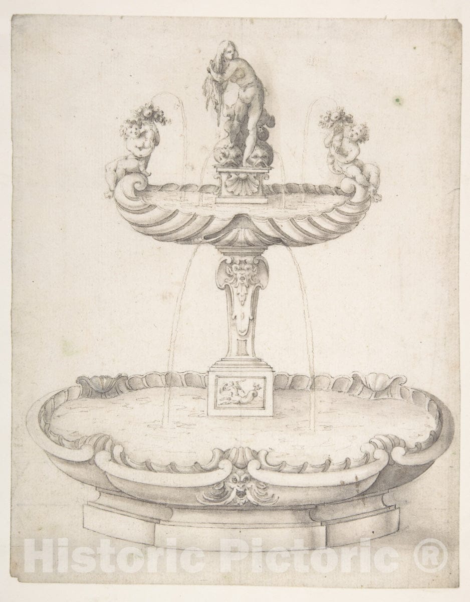 Art Print : Francesco Fanelli - Design for a Fountain with Two Basins One on Top of The Other and Statues of Venus and Putti on The Top. : Vintage Wall Art