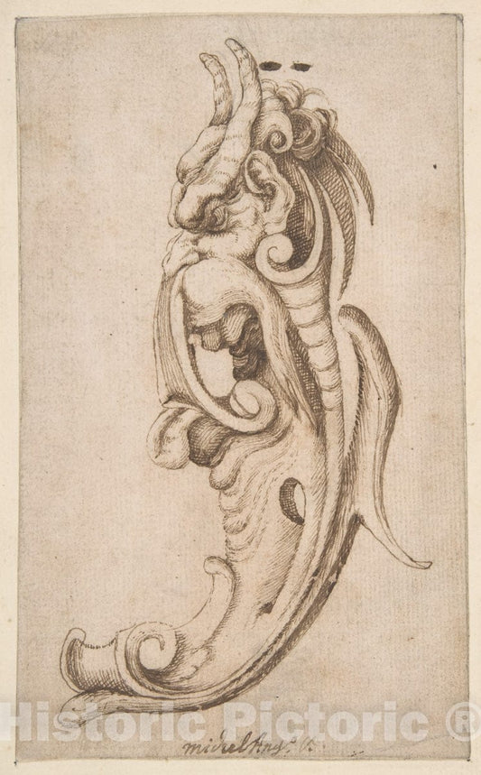 Art Print : Michelangelo Colonna - Cartouche in The Form of a Horned Monster's Head in Near Profile View. : Vintage Wall Art