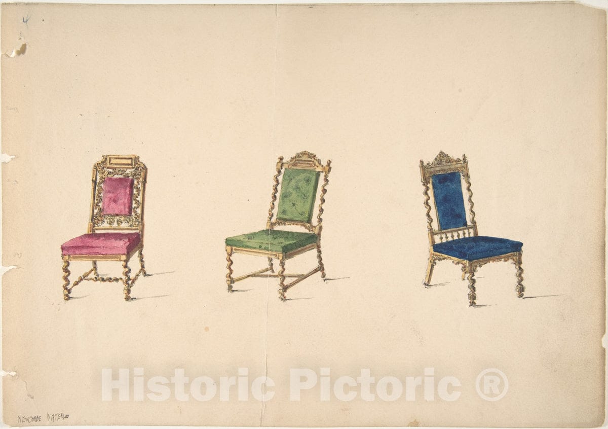 Art Print : British, 19th Century - Designs for Three Chairs with Turned Legs and Backs : Vintage Wall Art