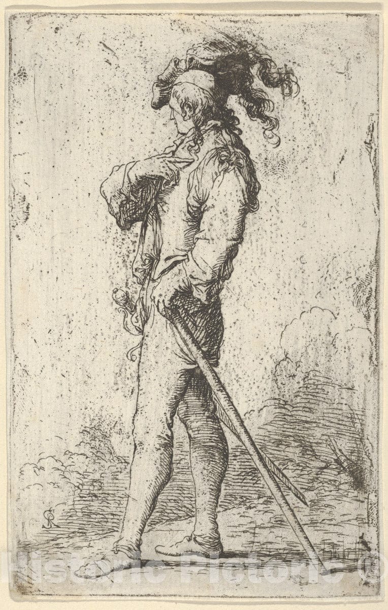 Art Print : Salvator Rosa - A Warrior Facing Left Wearing a plumed hat and Holding a Cane, from The Series 'Figurine' : Vintage Wall Art