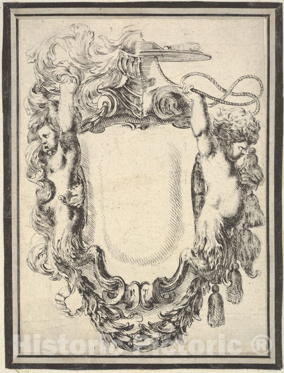 Art Print : Plate 7: a cartouche flanked by Two satyrs - Artist: Stefano Della Bella - Created: c1647 : Vintage Wall Art