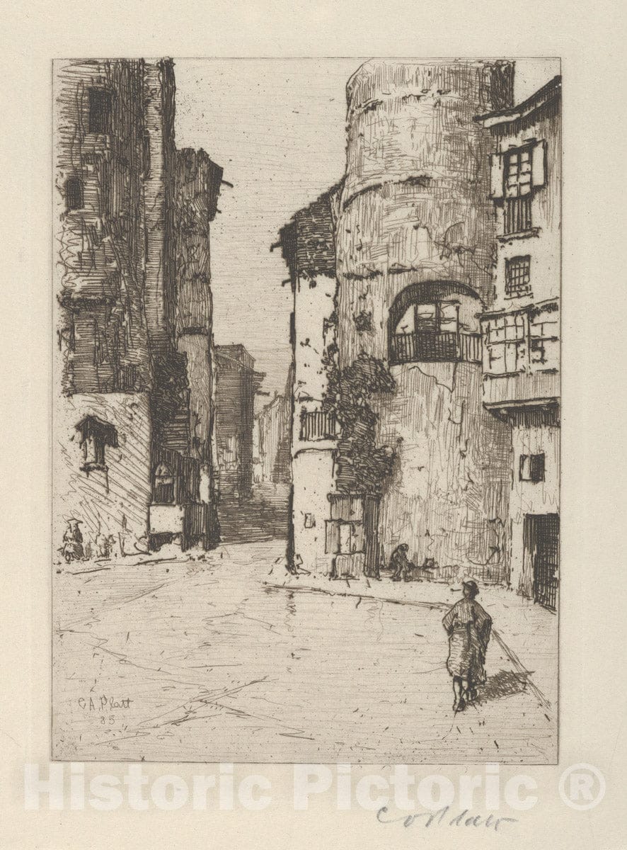 Art Print : Charles Adams Platt - Old Gate-Tower at Barcelona : Vintage Wall Art