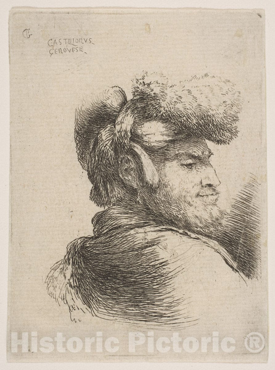 Art Print : Giovanni Benedetto Castiglione (Il Grechetto) - Man in Profile Wearing a Fur Hat : Vintage Wall Art