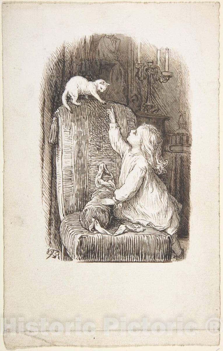 Art Print : Lorenz Frølich - Child Climbing a Chair to Reach for a Kitten : Vintage Wall Art