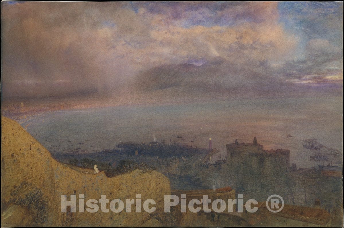 Art Print : Alfred William Hunt - View of The Bay of Naples with Vesuvius, Smoking, in The Distance (Evening) : Vintage Wall Art