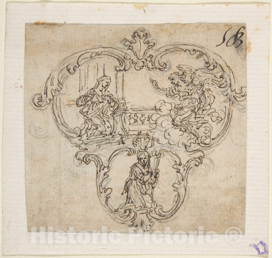 Art Print : Giovanni Battista Foggini - Design for a Cartouche with an Annunication Above and a Kneeling Figure with Staff Below. : Vintage Wall Art