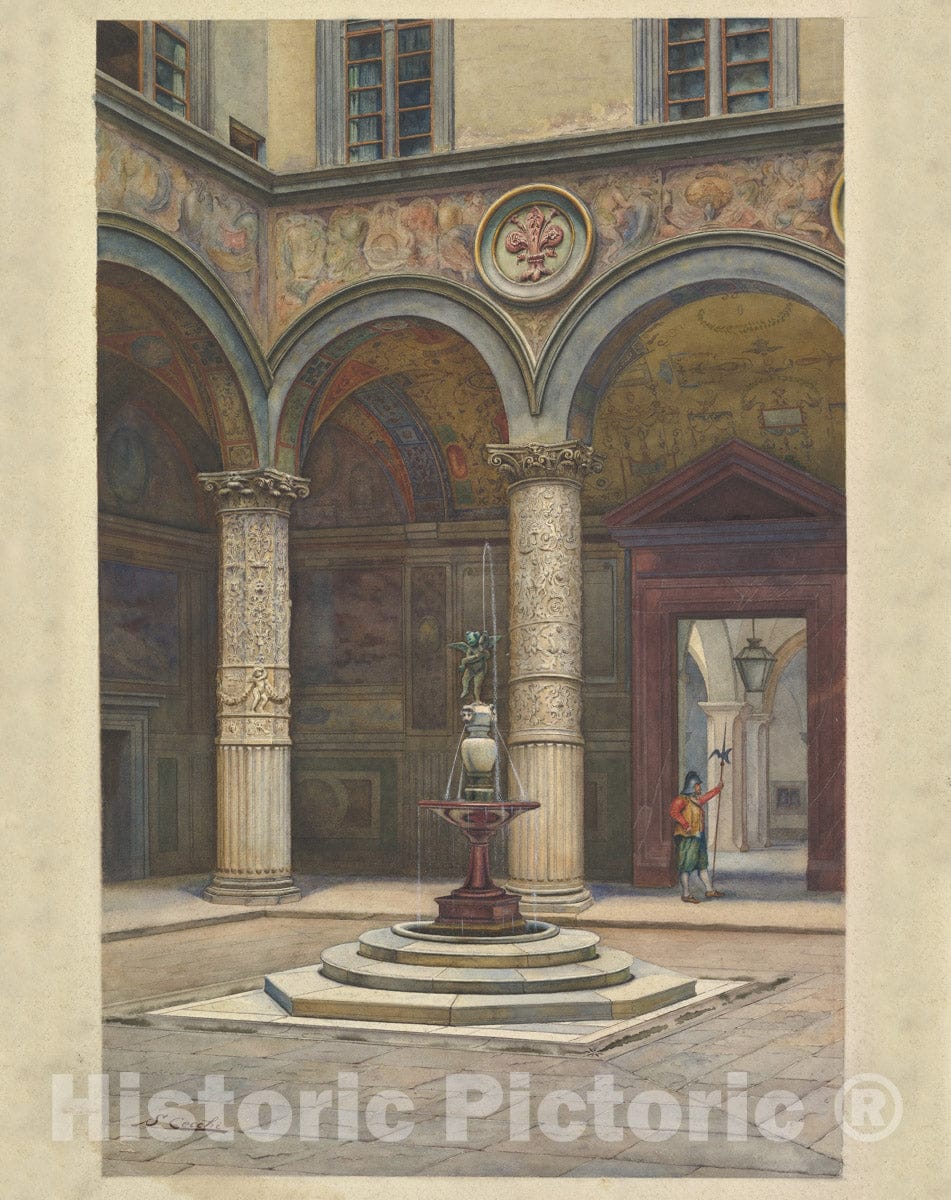 Art Print : S. Cecchi - Courtyard of The Palazzo Vecchio, Florence : Vintage Wall Art