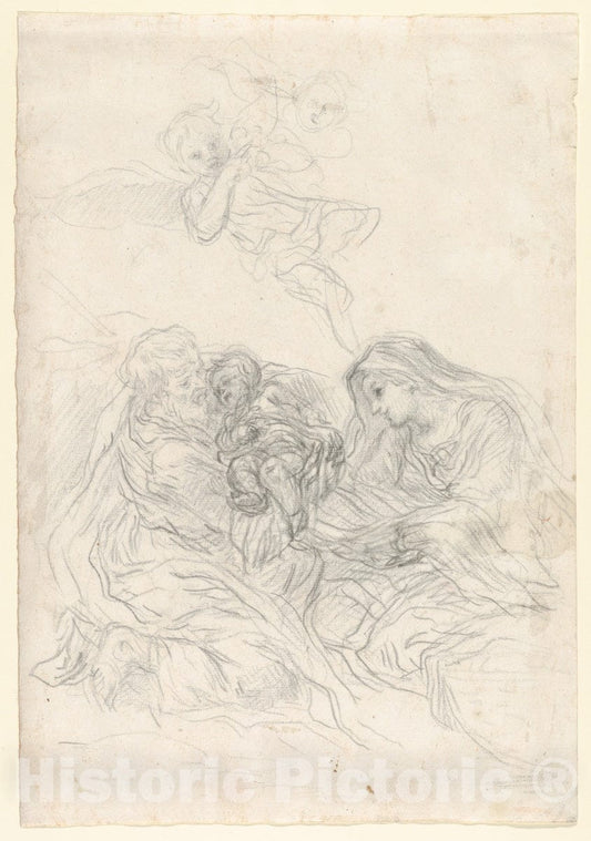 Art Print : Baldassarre Franceschini (il Volterrano) - Holy Family with Two Flying Angels. : Vintage Wall Art