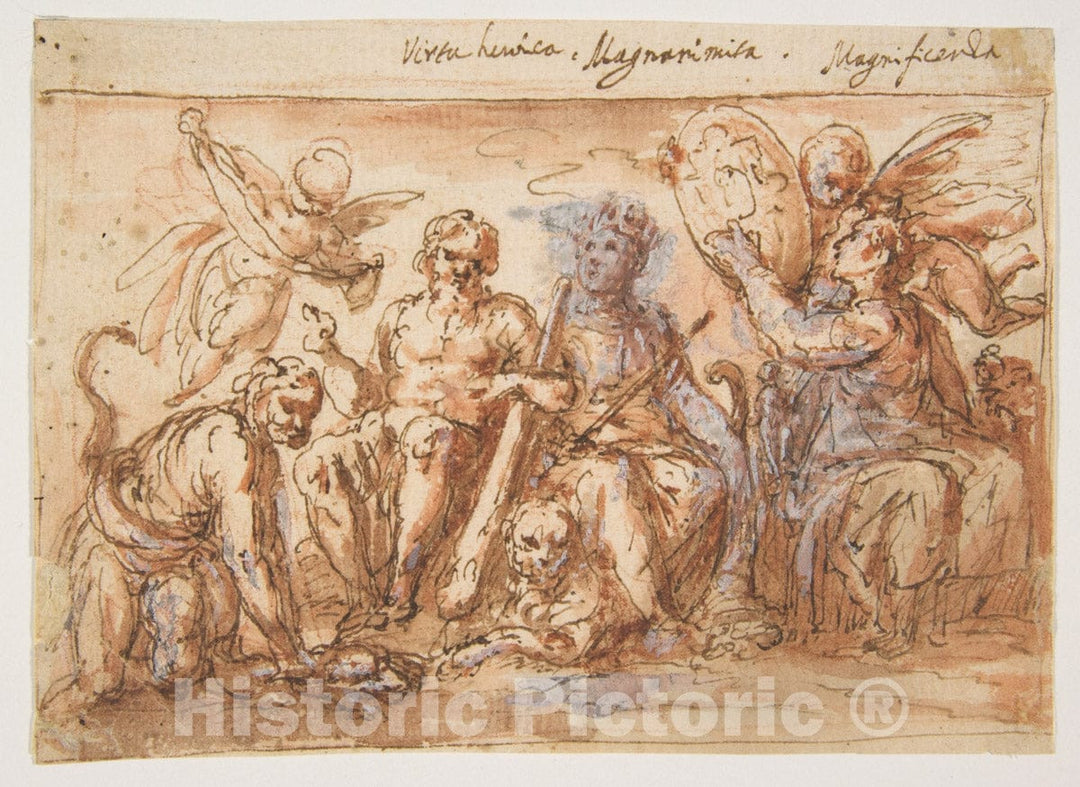 Art Print : Bernardino Rodriguez (Bernardino Siciliano) - Allegorical Figures: Force, Hercules Strangling The Hydra, Plenty, and Fame : Vintage Wall Art