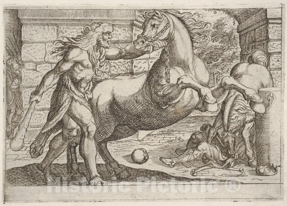 Art Print : Hercules and The Mares of Diomedes - Artist: Antonio Tempesta - Created: 1608 : Vintage Wall Art