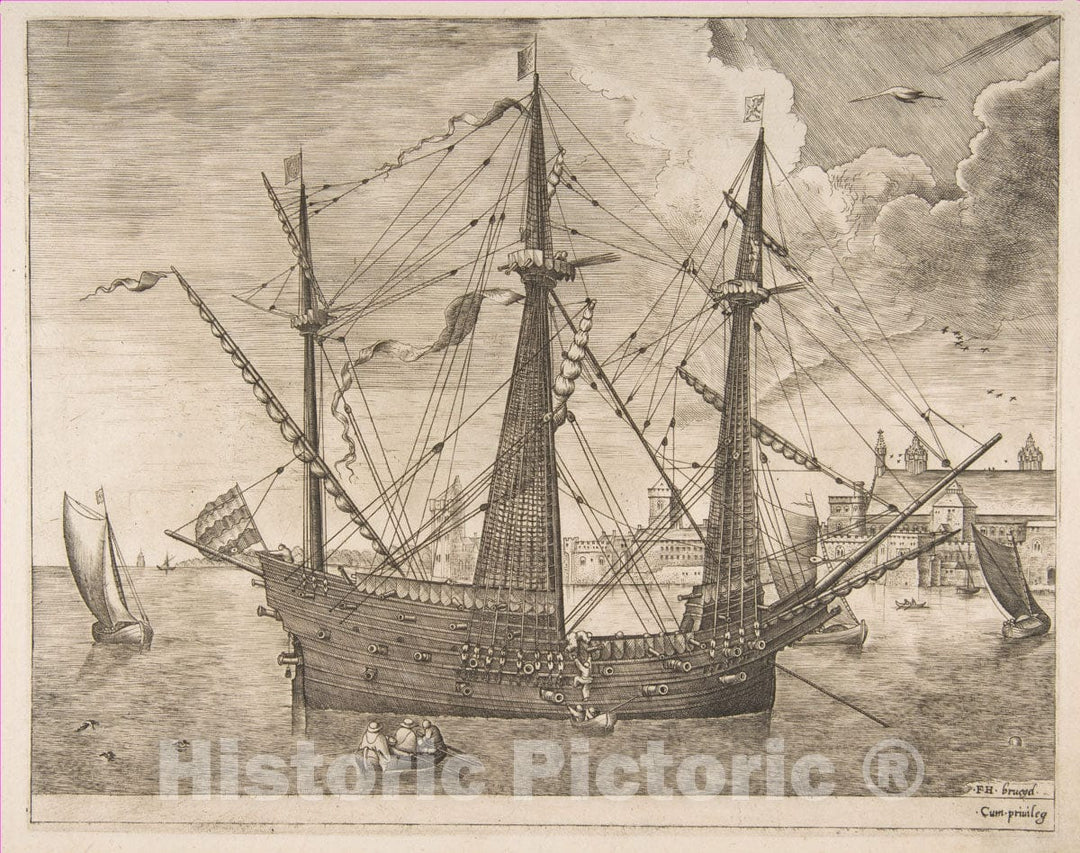 Art Print : Frans Huys - Armed Three-Master Anchored Near a City from The Sailing Vessels : Vintage Wall Art