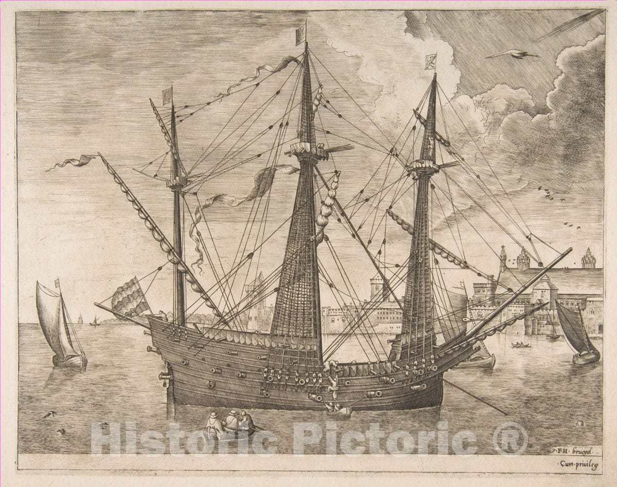 Art Print : Frans Huys - Armed Three-Master Anchored Near a City from The Sailing Vessels : Vintage Wall Art