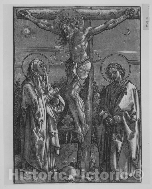 Art Print : Dürer-School - Christ on The Cross with The Virgin and Saint John : Vintage Wall Art