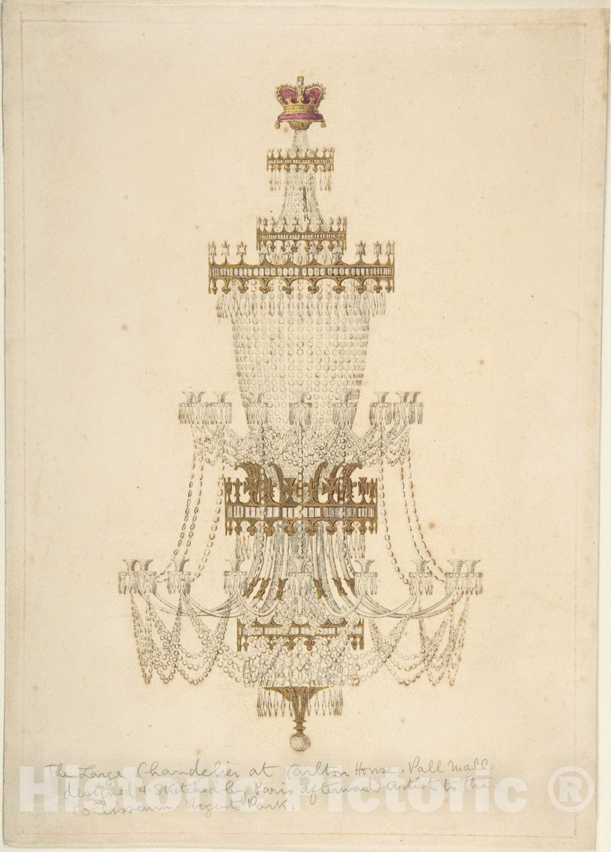 Art Print : Edmund Thomas Parris - Large Chandelier at Carlton House, Pall Mall : Vintage Wall Art
