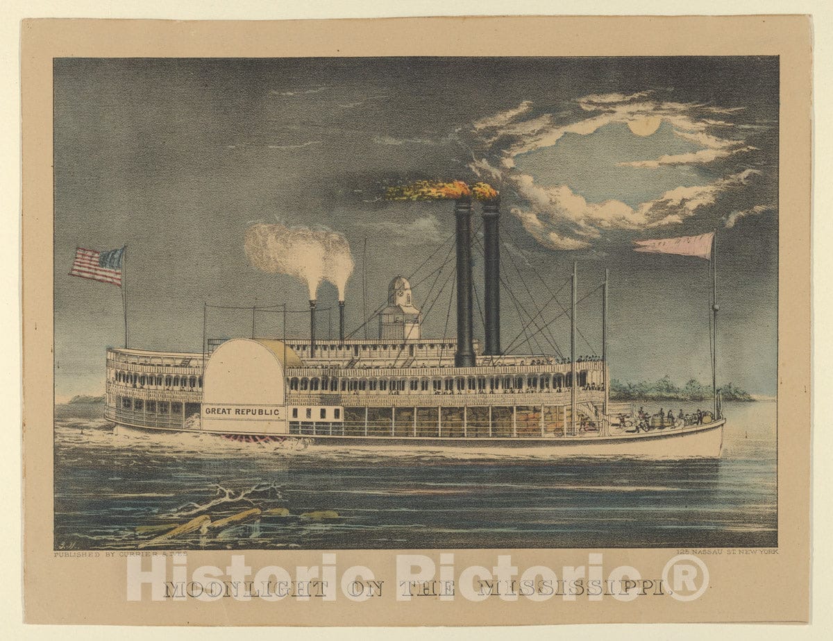 Art Print : Lithographed and published by Currier & Ives - Moonlight on The Mississippi : Vintage Wall Art